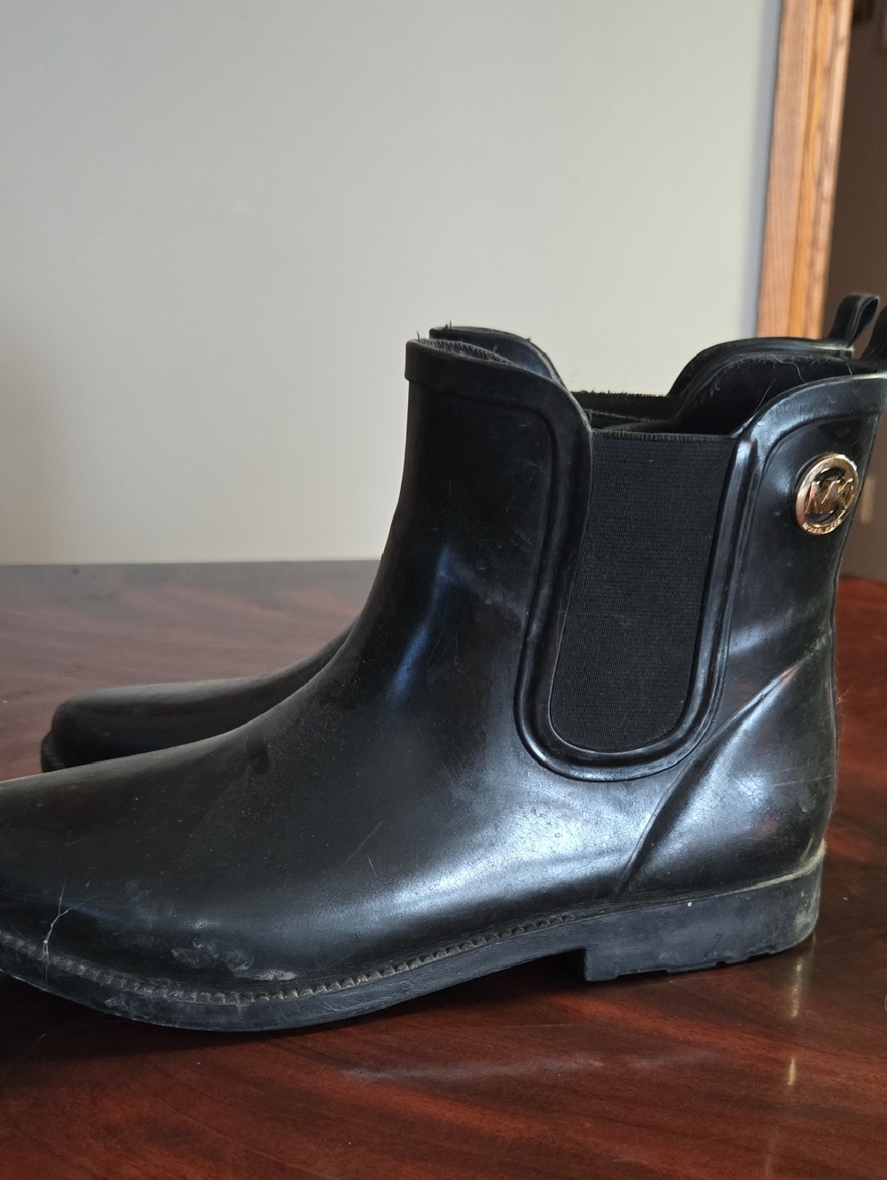 Michael Kors Black Chelsea Rain Boots with Gold Logo